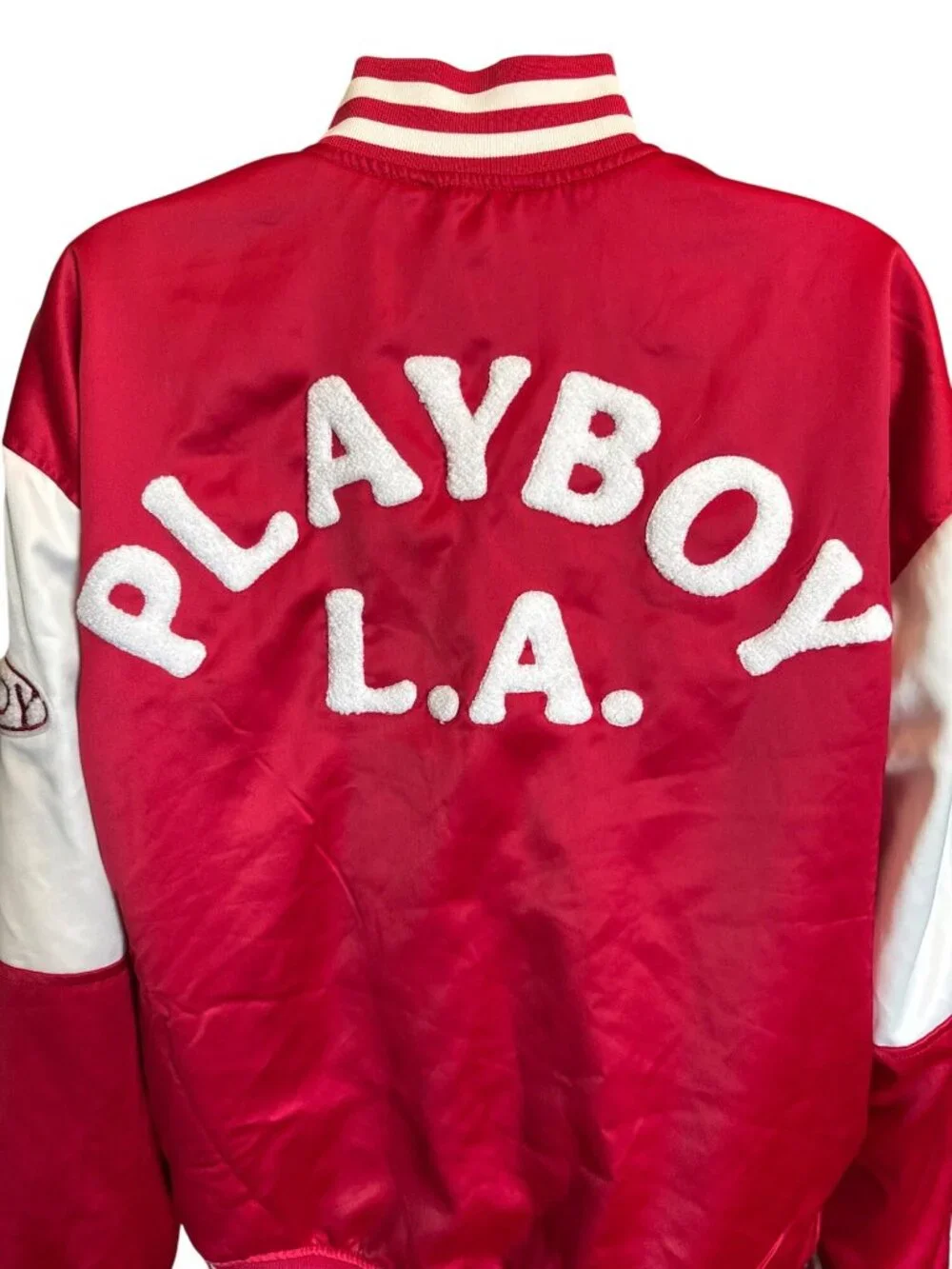 Playboy x PacSun Women's Satin Bomber Jacket XS S Pink Heart LA Varsity Y2K
